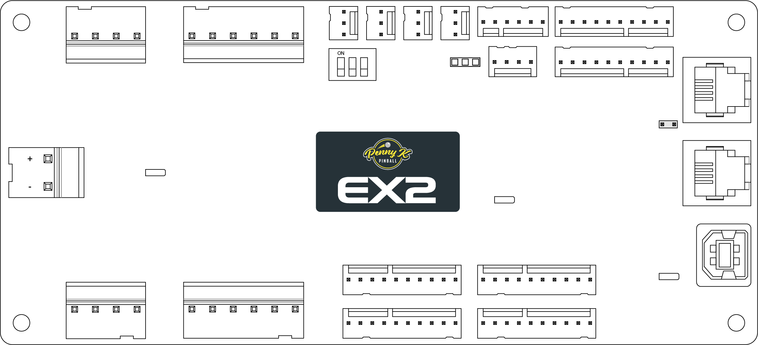 EX2 connector layout showing USB, CAN, power, inputs, coils and servos